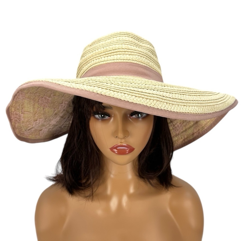 INC International Concepts Sun Hat with Lace Underlay - Tan Pink -One Size